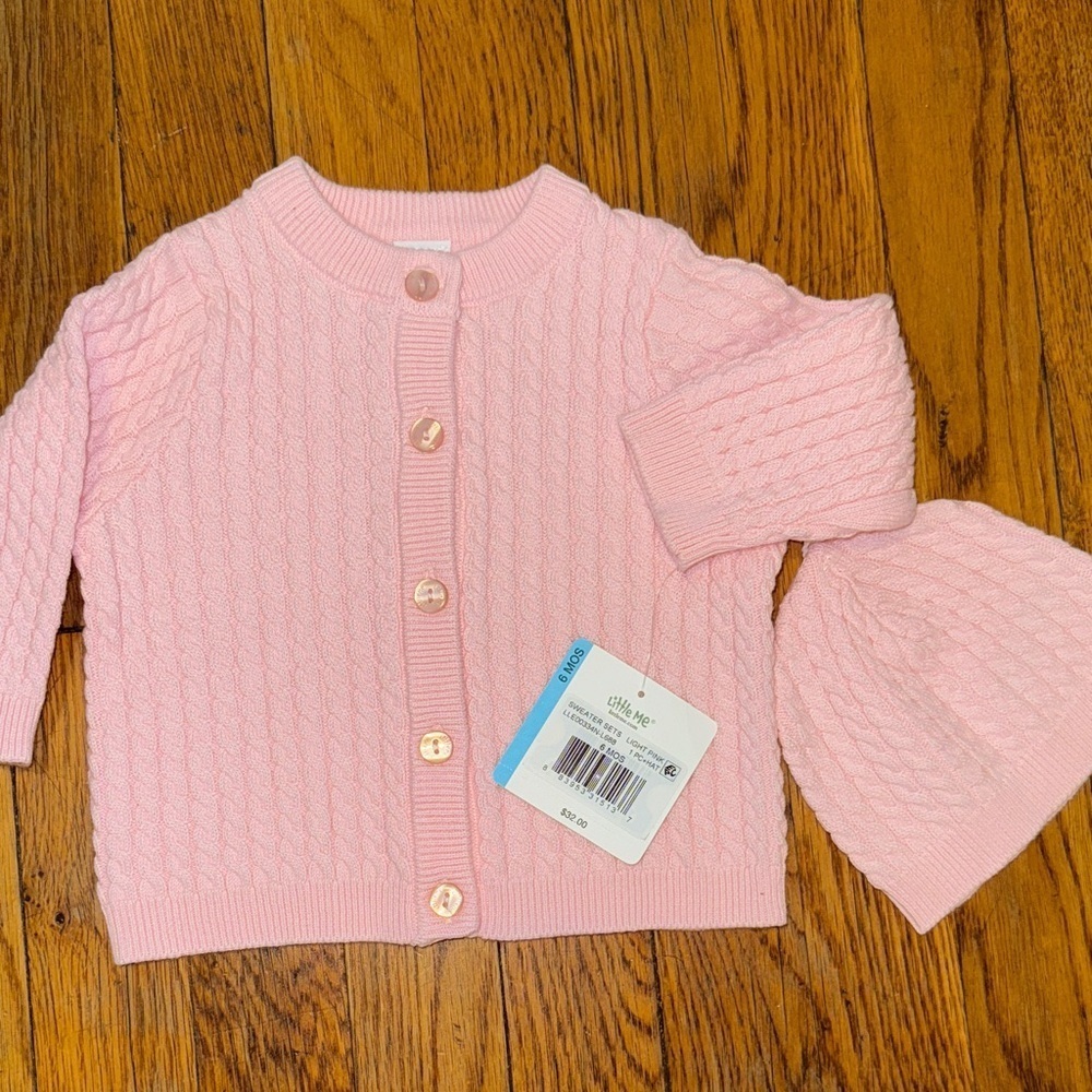 NEW Little Me cable knit Light Pink Baby Sweater and hat set 100% cotton 6m